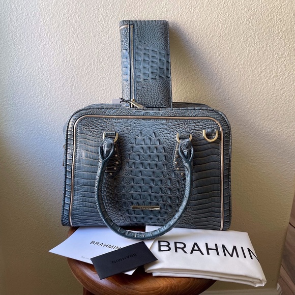 Brahmin Blue Bag + Wallet Marissa Satchel & Ady Wallet Slate Blue & Gold Leather - Picture 1 of 16